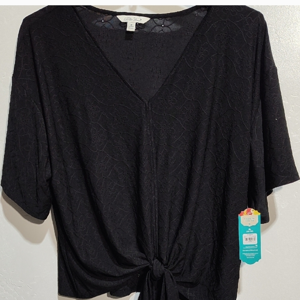 Black V-Neck Tie-Front Top,Pioneer Women, XXL,New